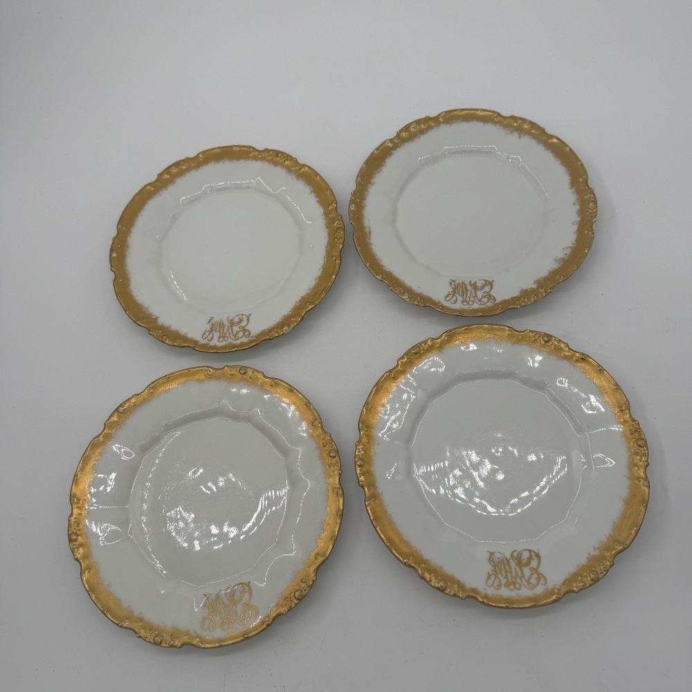 Antique 1909 Set 4 La Seynie P&P Limoges Plates Lycetts Decorators Gold Monogram